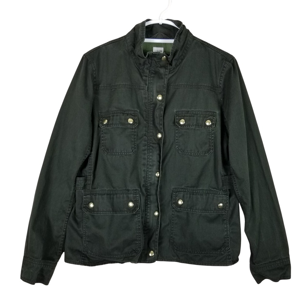 J.Crew Field Utility Jacket Women Large Green Cotton Snap Front Cargo Pockets 96
